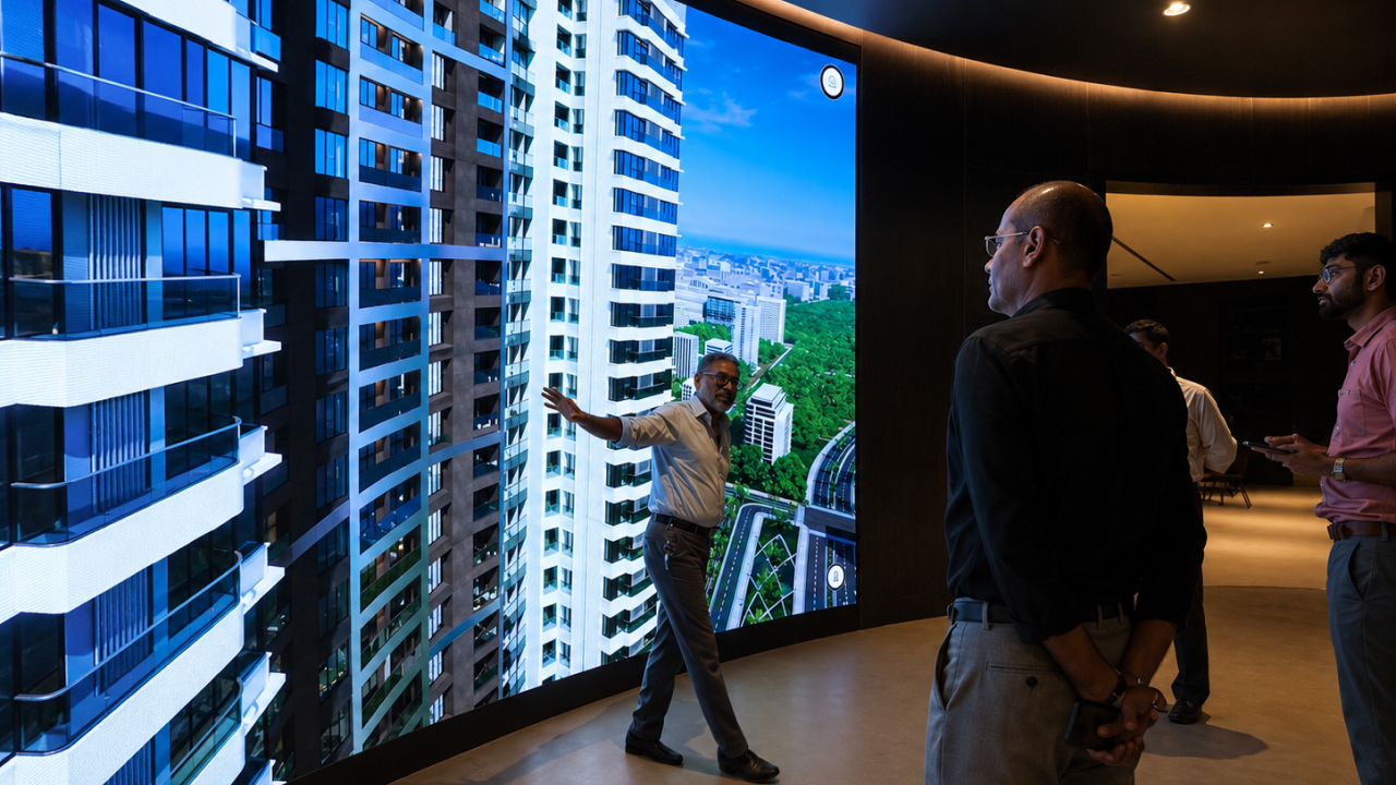 tech experience center with large-scale 3D real estate visualization for immersive buyer engagement